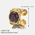 18K vergoldeter Edelstahlring mit Hohlblattmuster und lila Naturstein 17mm Durchmesser - Innendurchmesser 17mm / Einstellbar Offen / 18K Gold