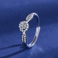 Silver halo ring with round zircon, leafy pave band, and adjustable open design - Flower Head [white Gold] Ljz-139 / Adjustable Open