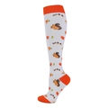 White compression socks with brown squirrel and autumn leaf patterns and orange accents - Squirrel