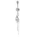 Detail view of silver belly ring featuring zircon flower and star pendants with chain tassels - 1969 Flower Star Silver