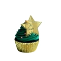 Golden foil cupcake liner with green Christmas tree frosting and Merry Christmas star topper - Gold Star Style 4