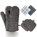Dark grey silicone oven mitts set with pot holders and kitchen towels in a clean layout - Gray Long 6-Piece Set (2 Mitts + 2 Pocket Pads + 2 Waffle Towels)