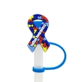 Blue puzzle ribbon autism awareness silicone straw cover cap with connector ring - 1718-23 Autism Awareness Ribbon
