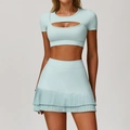 Two-piece yoga set in mint green with cutout crop top and pleated tennis skirt - S / Top And Bottom / Short Sleeve And Short Skirt / Cream Green