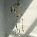 Moon-shaped dreamcatcher with green leaves, gold butterflies and clear crystal ball prisms - Green Fluorite