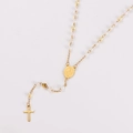 Golden stainless steel rosary necklace with white pearls, cross pendant and religious medal - White Pearl Style (Style 1)