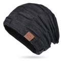 Thick knit dark grey beanie with block texture and mountain sport leather patch - Mixed Black