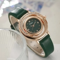 Detailed close-up of a Duoya green leather strap watch with gold rhinestone bezel - Green Watch (DG034)