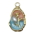 French vintage style pink and blue enamel flower pendant with pearl and gold frame - Pink Blue Pearl Rose Flower-22104