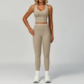 Completo sportivo da donna kaki in due pezzi con top corto a V e leggings con piping bianco - Taglia L / Top E Pantaloni / Canotta + Pantaloni Lunghi / Lino
