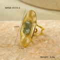 Macro detail of oval gold textured ring with green stone inlays and size measurements - Gold Green Stone Style (NMSR-H119-3)