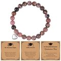 Pink rhodonite beaded bracelet with heart charm and graduation theme gift cards - Black Line Rhodonite (Adventure Begins)