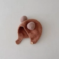 Brown knit baby winter hat with cute pink pom-poms and warm ear flaps for toddlers - Earflap Hat / Plush Ball [Caramel]