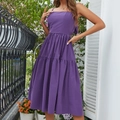 Elegant purple backless maxi beach dress with thin straps and a flowy layered skirt - Purple