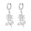 Pair of silver stainless steel earrings featuring sunflower and leaf charms on hoops - Sunflower (MS-685) / Steel