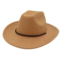 Classic camel wide brim western cowboy hat with black braided rope on white background - M (56-58cm) / Camel