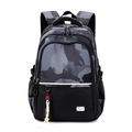 Camo grey travel backpack with a reflective safety strip and front zipper pocket - Gray Green Graffiti