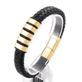 Bracciale da uomo in pelle nera intrecciata con quattro anelli dorati e chiusura magnetica - Stile Oro (KB136158-QM)