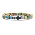 Detail of colorful 6mm polymer clay disc beads bracelet with a black cross charm - Elastic Style / Color 1