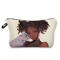Detailed view of canvas makeup bag featuring black girl print and black zipper closure - Beige Colorful Black Girl Illustration (hzk0884)