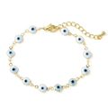Close-up of gold-plated evil eye bracelet with lobster clasp and adjustable extension chain - Blue Evil Eye
