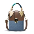 Sac à bandoulière bicolore en cuir marron et gris-bleu avec poignée en foulard - Bleu Color-block