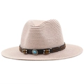 Classic woven straw cowboy hat with turquoise stone and brown leather band detail - Flesh Pink