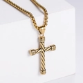 Hip hop style gold striped stainless steel cross pendant necklace with box chain - Gold (No Chain)