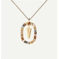 Gold letter V pendant necklace with colorful cubic zirconia stones and an oval frame - Gold V