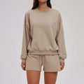 Two-piece khaki knit sweatshirt set with long sleeve crewneck and drawstring shorts - S / Camel Brown (Shorts Set)