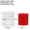 DIY cylindrical candle mold in clear plastic with dimensions 9.2x9.5cm and finished candle - Cylinder 8x8cm