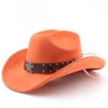 Close-up of orange suede cowboy hat with leather band, silver star badge, and metal studs - M (56-58cm) / Orange