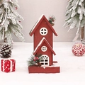 Red wooden two-story Christmas house ornament with snow effect and festive pine accents - Red House
