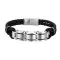 Bracelet pour hommes en cuir tressé noir et maillons de chaîne en acier inoxydable argenté - 21cm / Couleur Acier