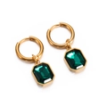 French style square emerald green glass earrings with golden stainless steel hoop - Gold Green