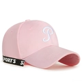 Pink cotton baseball cap with white P embroidery and black sports ribbon detail - Pink