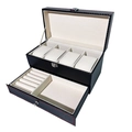 Double-layer carbon fiber watch box with red stitching and beige velvet interior - 4-Slot Black (Red Stitching)