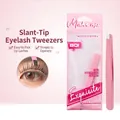 Pink slanted stainless steel eyelash tweezers with clear retail storage packaging - Slanted Eyelash Tweezers / Pink