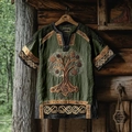 Detail of Tree of Life embroidery and Celtic knots on green cotton linen t-shirt - S / Dark Green (Tree of Life)