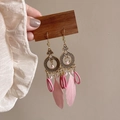 Vintage gold hollow flower earrings with pink fabric ring and feather tassels - 73# Ear Hook - Gold - Pink (Fabric Loop Pink Feather Style)