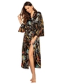 Women's long satin robe in black with elegant golden chain and belt print patterns - Black with Gold Chain Print