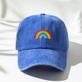Washed blue cotton baseball cap with rainbow embroidery and breathable sun protection - One Size / Sapphire Blue