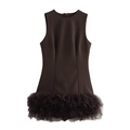 Deep brown sleeveless dress featuring a slim-fit bodice and tiered mesh patchwork skirt - XS / Coffee