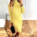 Detail of yellow knit two-piece set featuring a turtleneck top and matching midi skirt - 3XL / Yellow