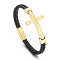 Bracciale in pelle nera intrecciata con croce in metallo dorato lucido stile unisex - Oro / 19cm
