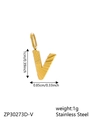 Polished gold stainless steel letter V pendant with decorative texture and dimensions - Letter-V / Gold