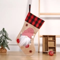 Linen Christmas stocking with red plaid cuff and faceless gnome decoration - Style 2 (Red and White Striped Hat Gnome)