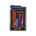 Enamel pin featuring Timmy has a visitor cartoon design with reaper and boy in blue and red - Timmy Has A Visitor Reaper