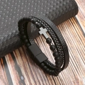 Men's multilayer bracelet with black stone beads, cross charm, and magnetic clasp - Black + Obsidian 21cm