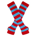 Macro shot of red and blue striped knitted fingerless long arm warmers on white background - One Size / Red and Blue Wide Stripes